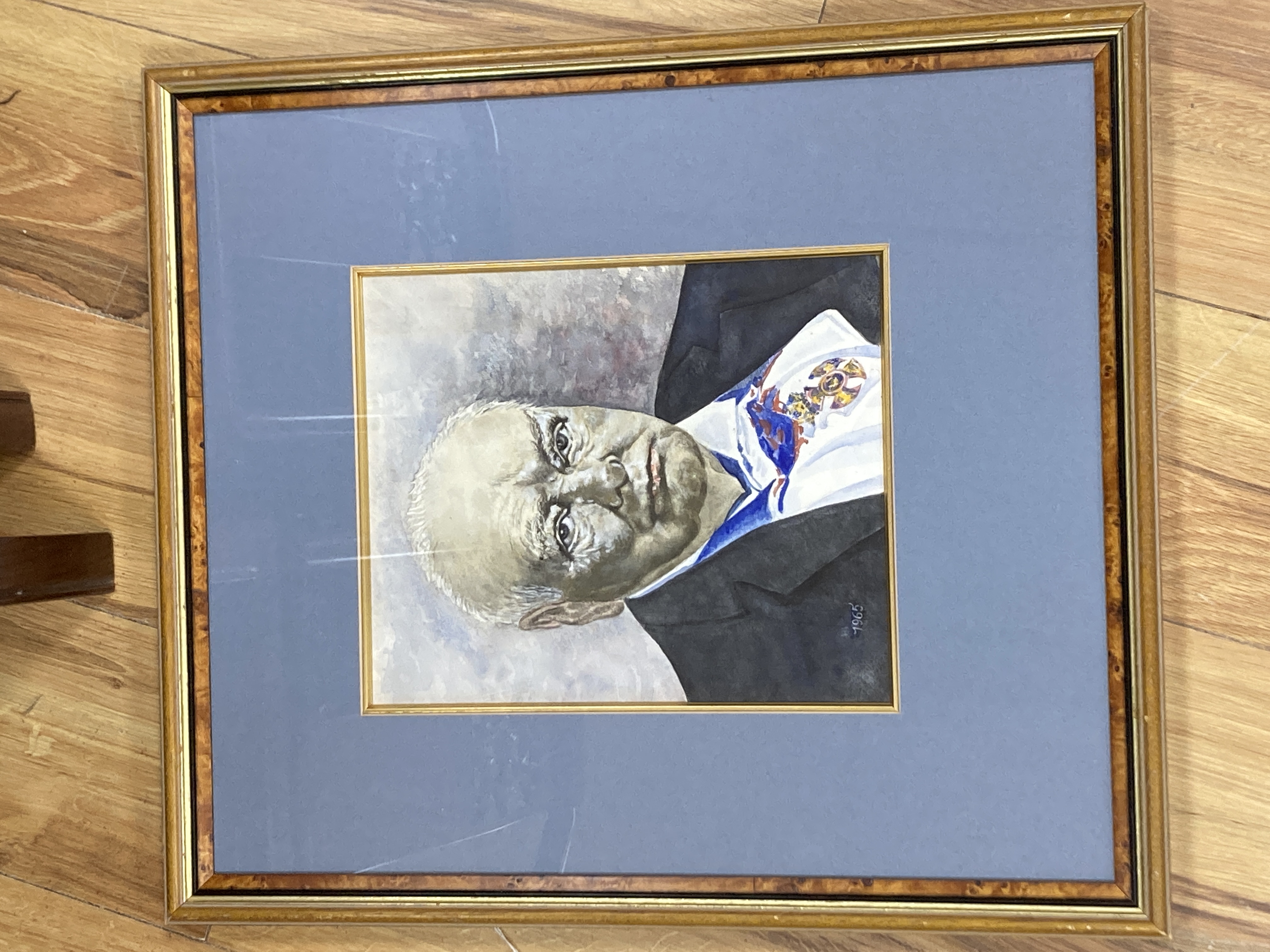 English School, watercolour, Portrait of Winston Churchill, dated 1965, 28 x 23cm